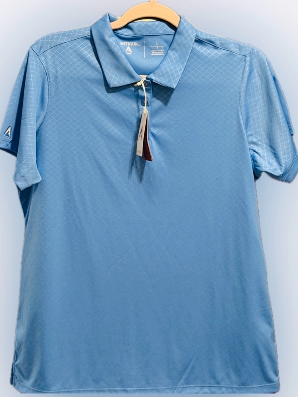 Antigua Women’s Inspire in Columbia Blue Performance Golf Polo Shirt, size L